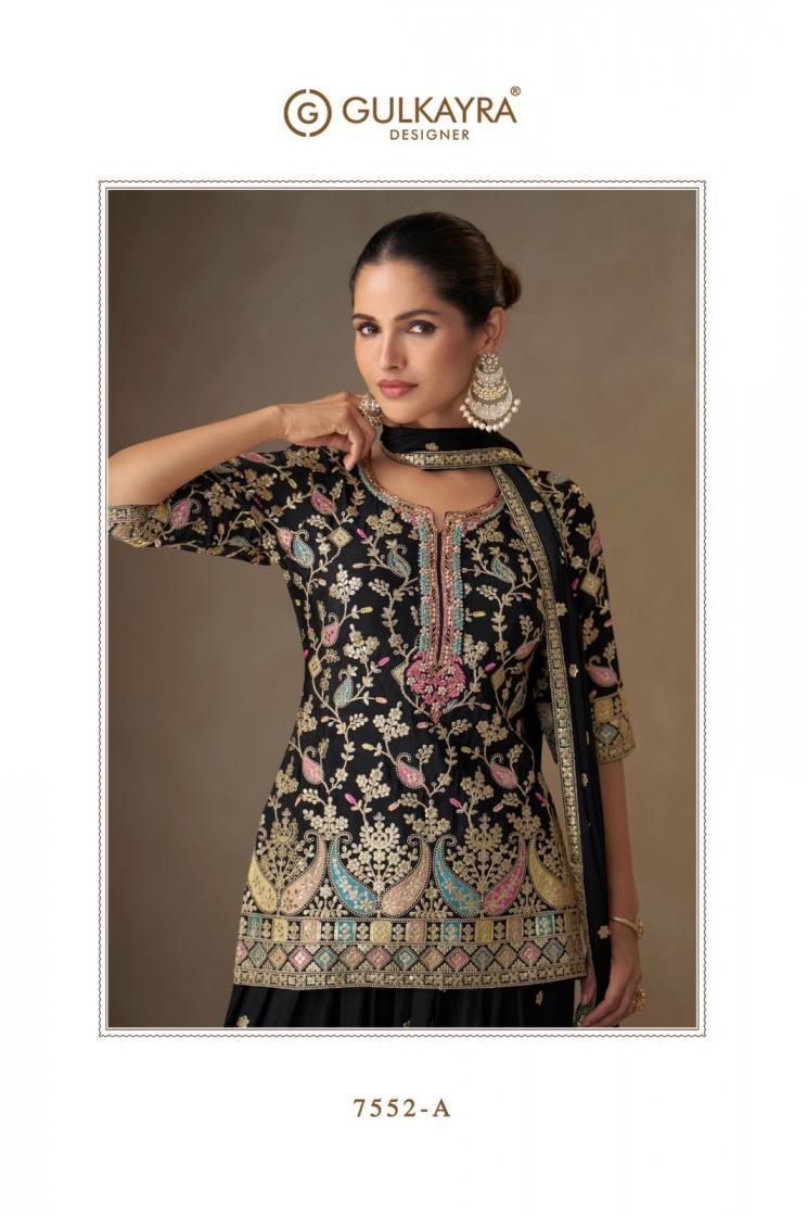 gulkayra designer tanvi series 7552 A to 7552 B chinon occasion wear fully stitch plazzo suits in wholesale surat