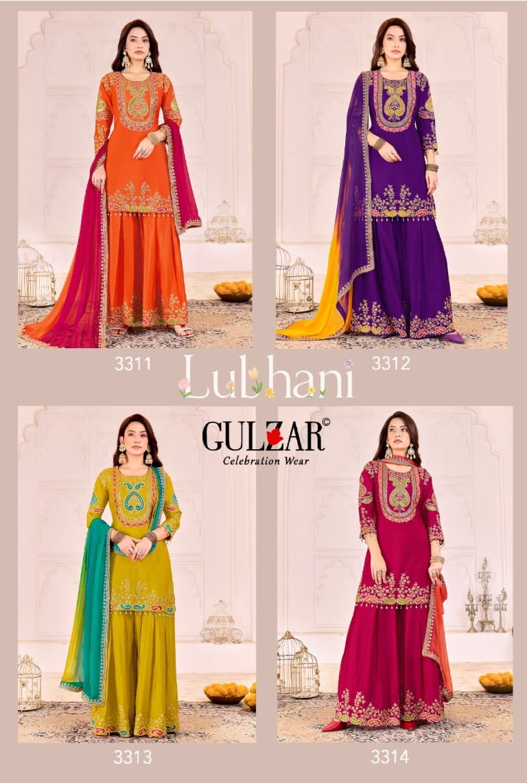 gulzar Lubhani series 3311-3314 chinnon dabka dori sequence and moti work suit in wholesale surat
