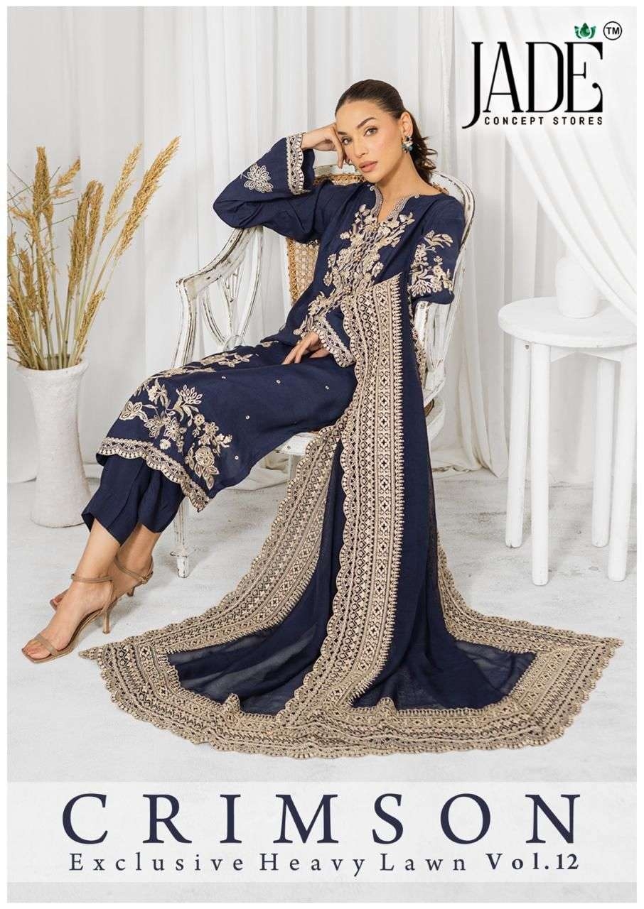 Jade Crimson Vol- 12 series 1201 to 1206 Pure Heavy Lawn Print Readymade Karachi Kurti Pant With Dupatta in wholesale surat