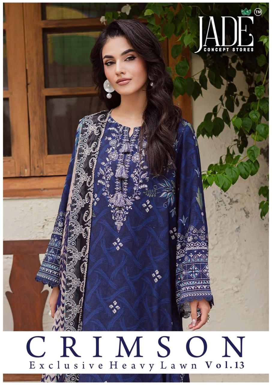 Jade Crimson Vol-13 series 1301 to 1306 Pure Lawn Cotton Printed Karachi style salwar kameez in wholesale surat