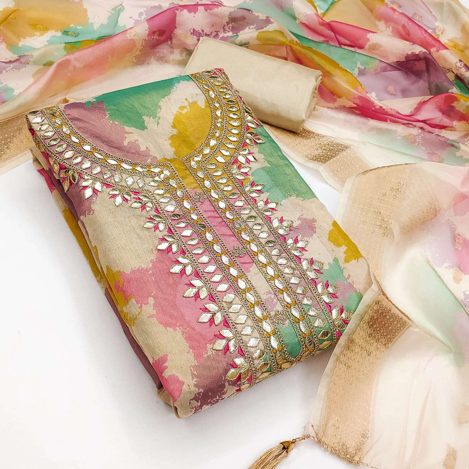 JASHN GOLD SIMMER SILK DIGITAL PRINT KODDING GOTTAPATTI WORK SALWAR KAMEEZ IN WHOLESALE SURAT