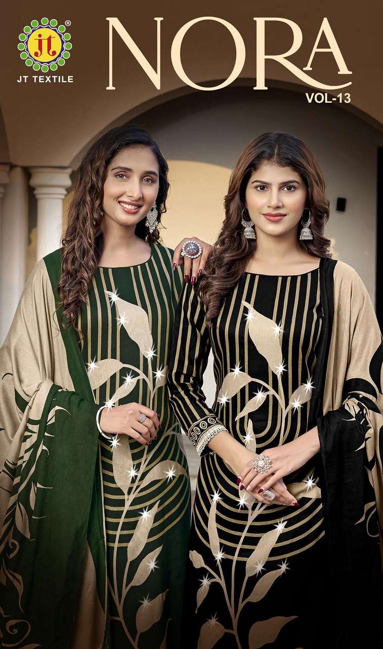 Jt Nora Vol-13 series 13001 to 13005 Rayon Fabric With Foil & Lace Print salwar kameez in wholesale surat