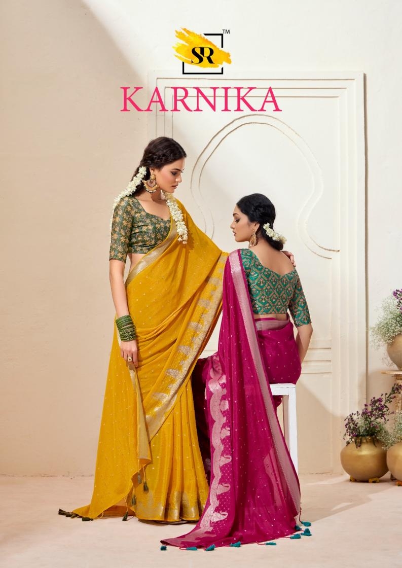 karnika sr series 1001 to 1010 chinon jacquard best wholesale rates saree in wholesale surat