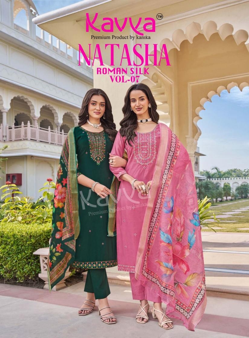 kavya natasha vol 7 series 7001 to 7010 roman silk full stitch unique suit in wholesale surat