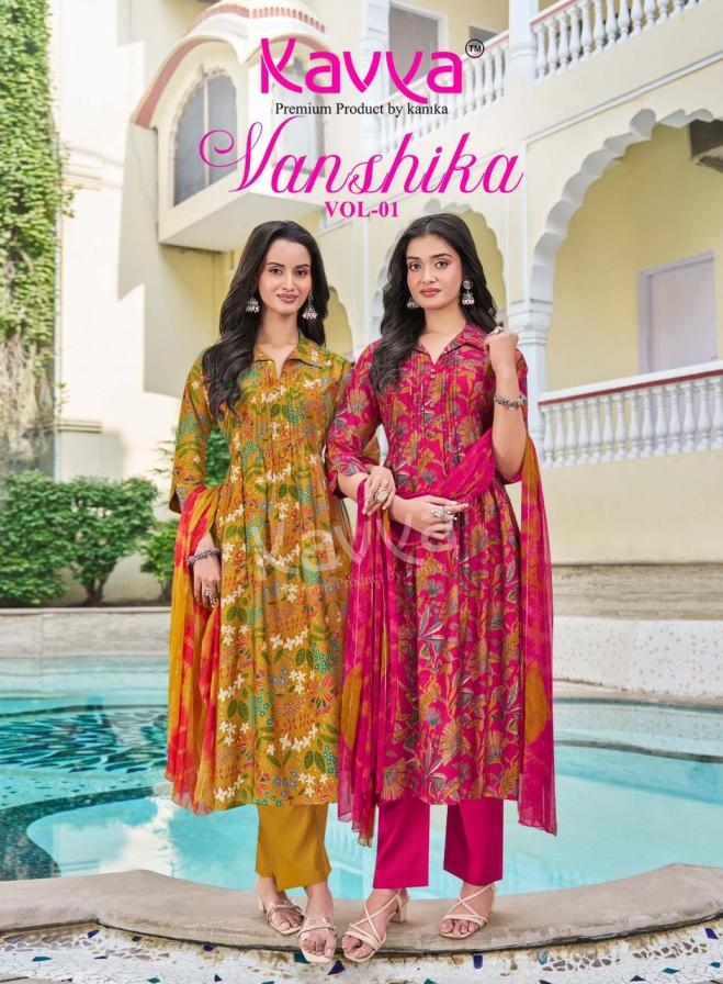 kavya vanshika series 1001 to 1010 readymade unique vetican korean flair cut suit in wholesale surat