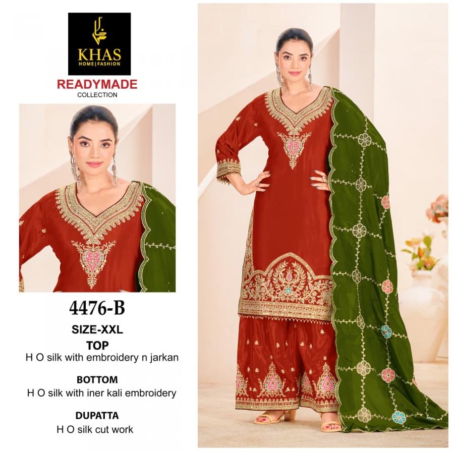 khas presents 4476 A to C ho silk readymade stylish pakistani plazzo suits in wholesale surat
