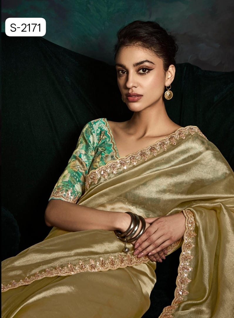 Kimora Rangat - 2 series 2171 to 2181 Fancy Based Fabric Crushed Tissue Hand Embroidered Border saree in wholesale surat