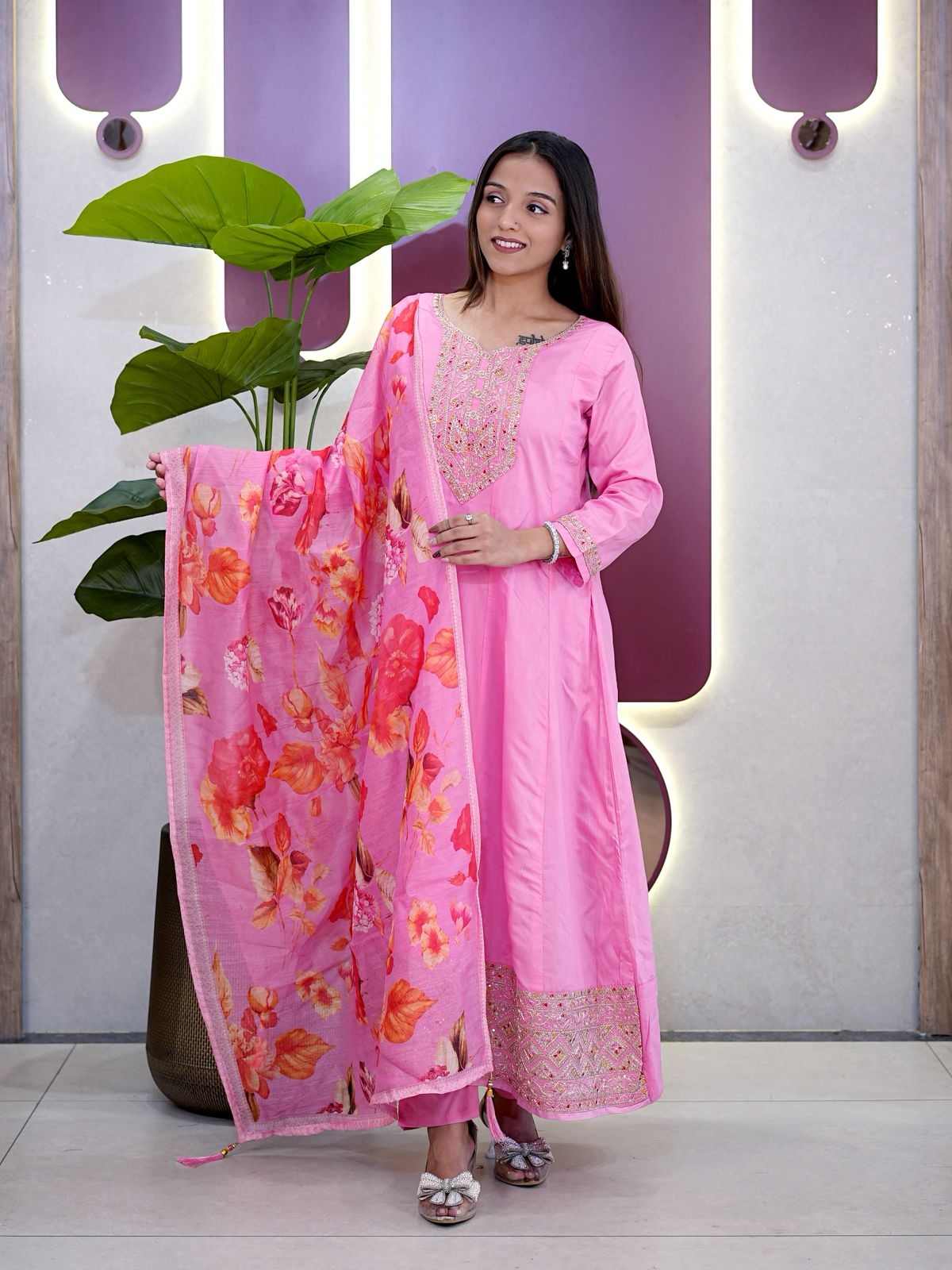 lightweight Roman silk fabric embroidery elevates traditional suit in wholesale surat