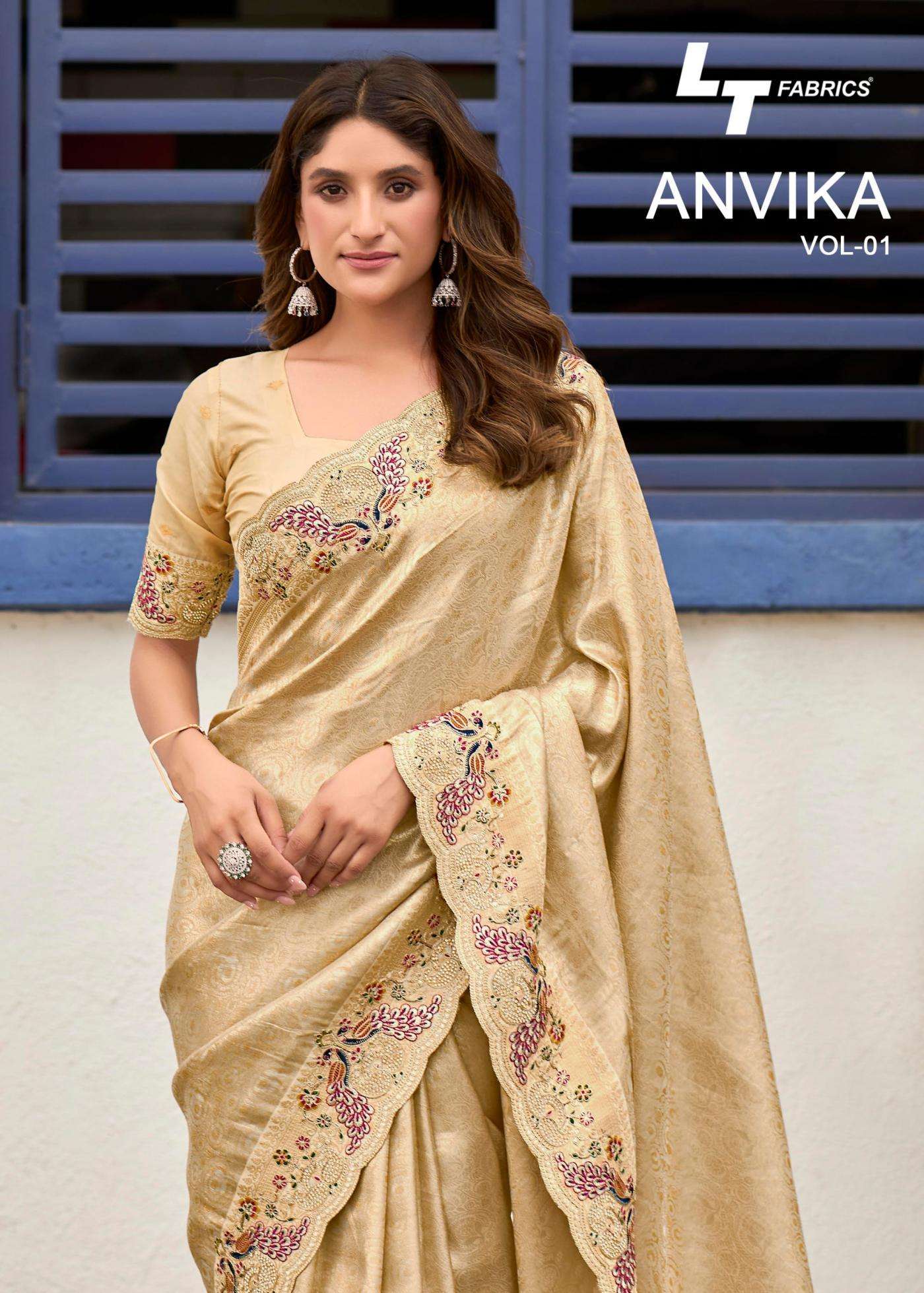 lt fashion anvika series 101 to 105 heavy work fancy sarees collection in wholesale surat