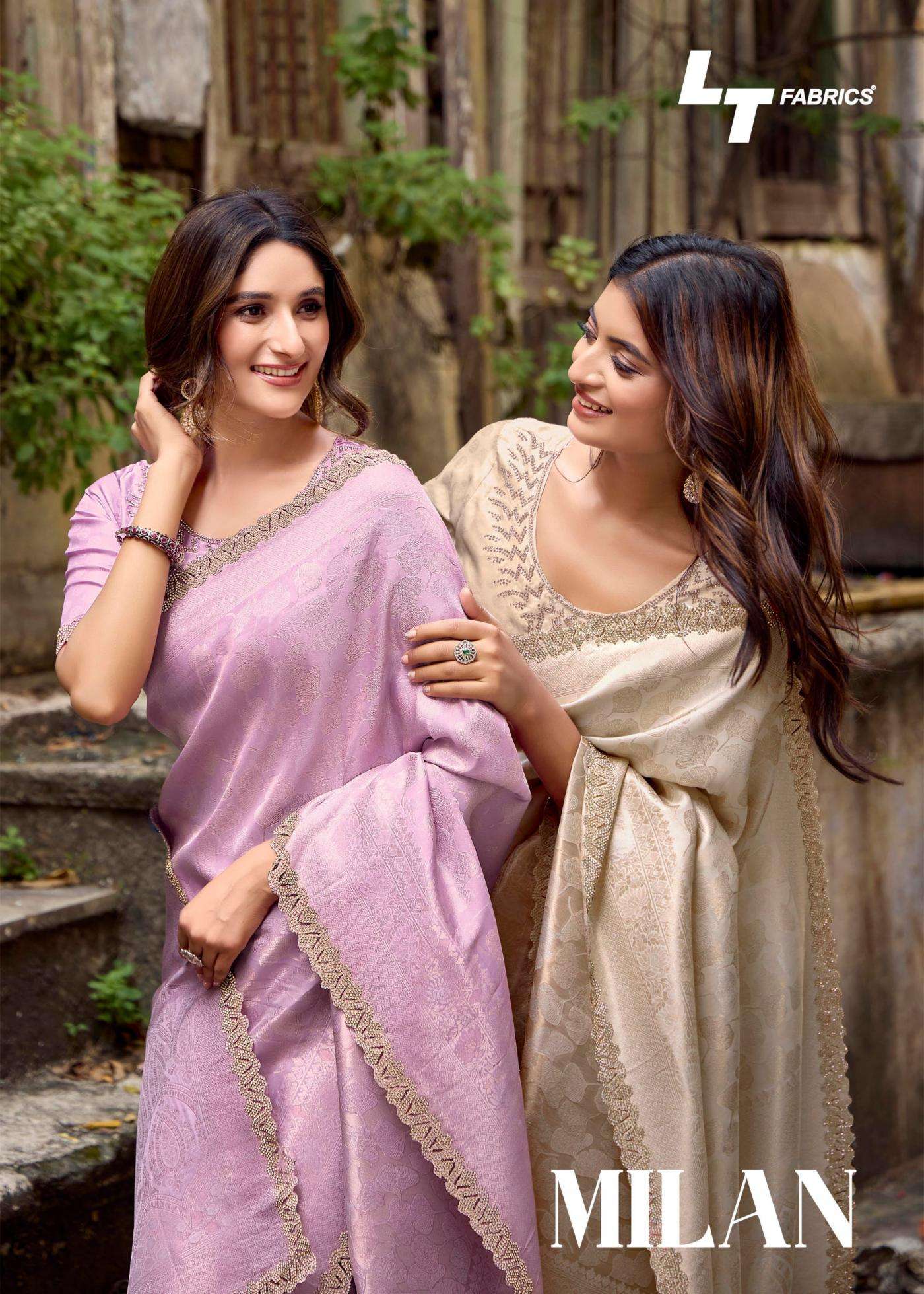 lt fashion milan series 101 to 104 weaving satin luxurious sarees in wholesale surat