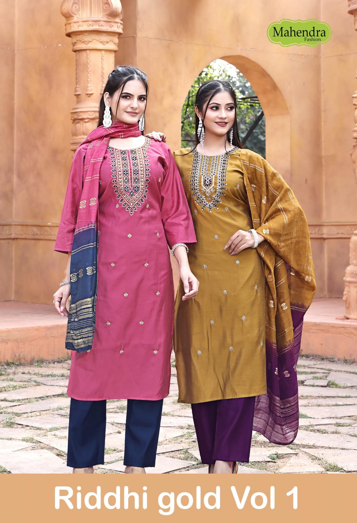 mahendra fashion riddhi gold vol 1 series 16071 to 16078 roman viscose full stitch suits in wholesale surat