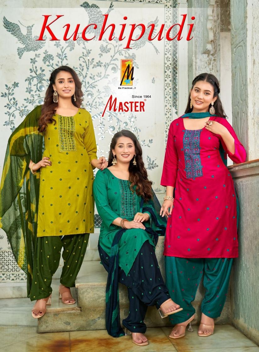 master kuchipudi series 1001 to 1008 patiyala style rayon readymade suit in wholesale surat