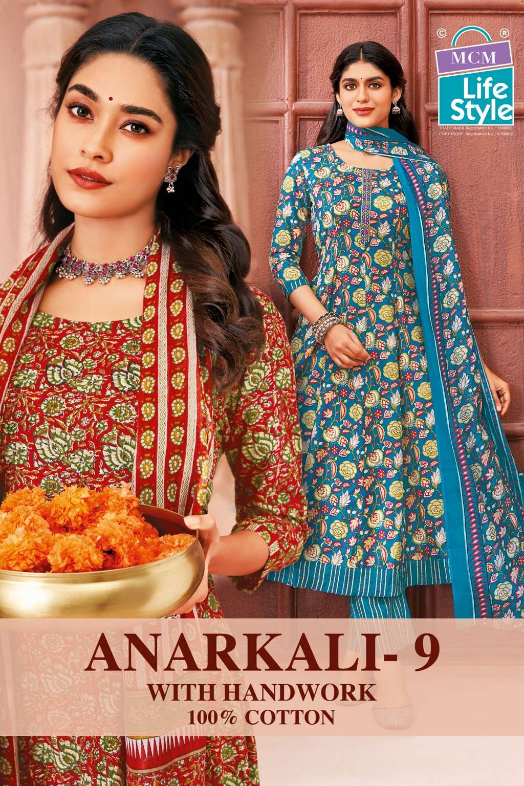 MCM Anarkali Vol-9 series 900 to 909 Heavy Cotton Printed Anarkali Style With Attractive Hand Work Anarkali Style Kurti Pant With Dupatta in wholesale surat