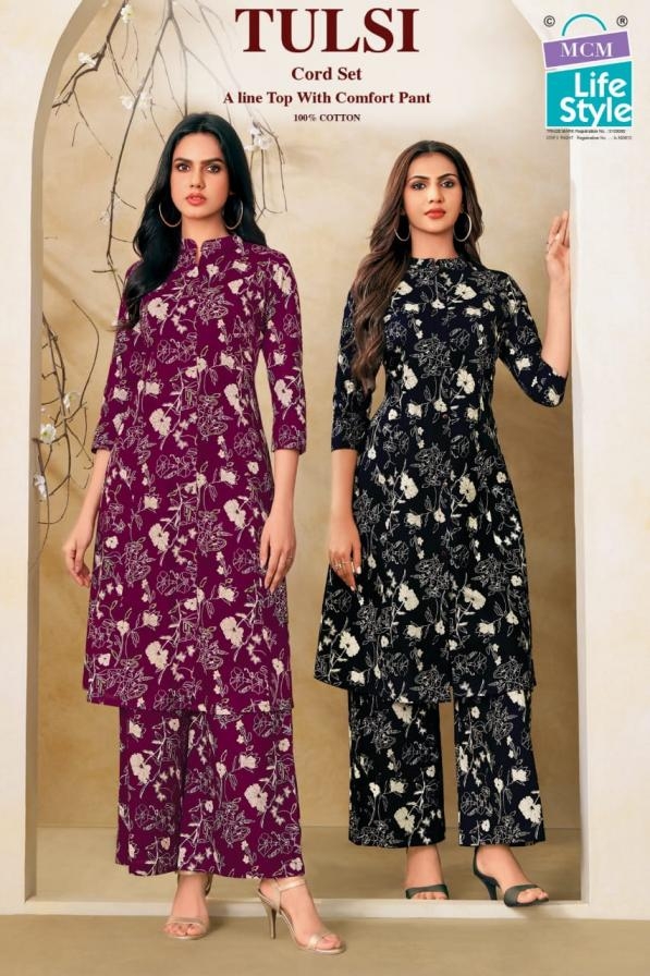 mcm lifestyle tulsi series 072 to 081 aline princess cut kurti and pant set in wholesale surat