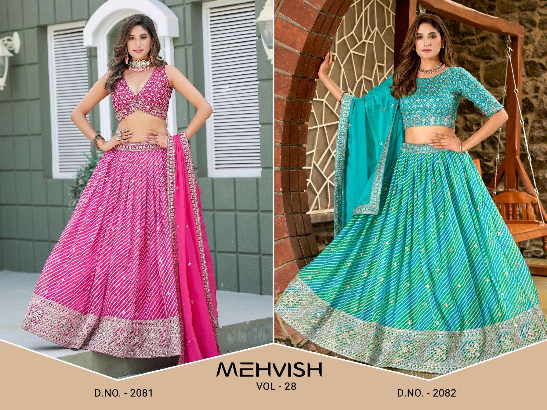 mehvish mehvish vol 28 series 2081 to 2082 tabby silk soft organza chaniya choli in wholesale surat