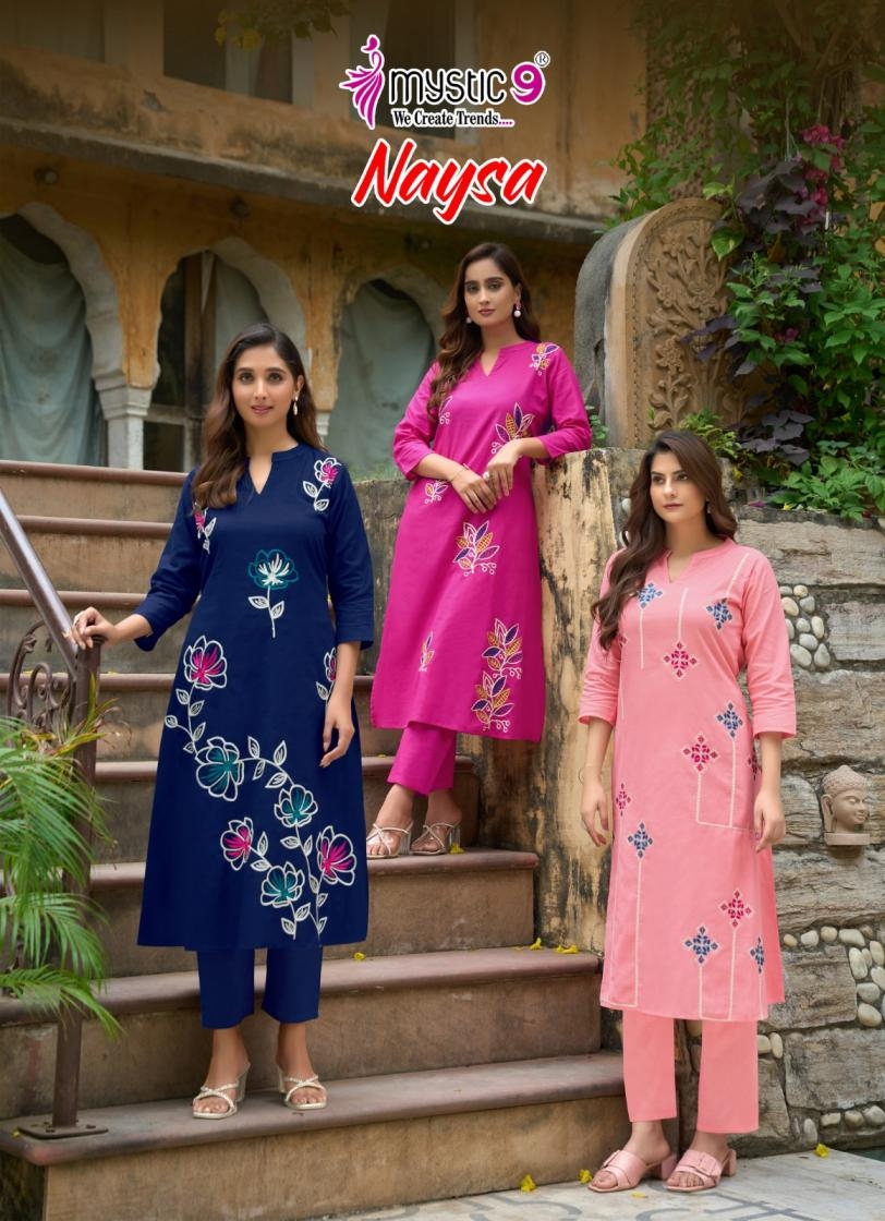 mystic9 naysa vol 1 series 1001 to 1009 readymade cotton flex a-line combo kurti with pant in wholesale surat