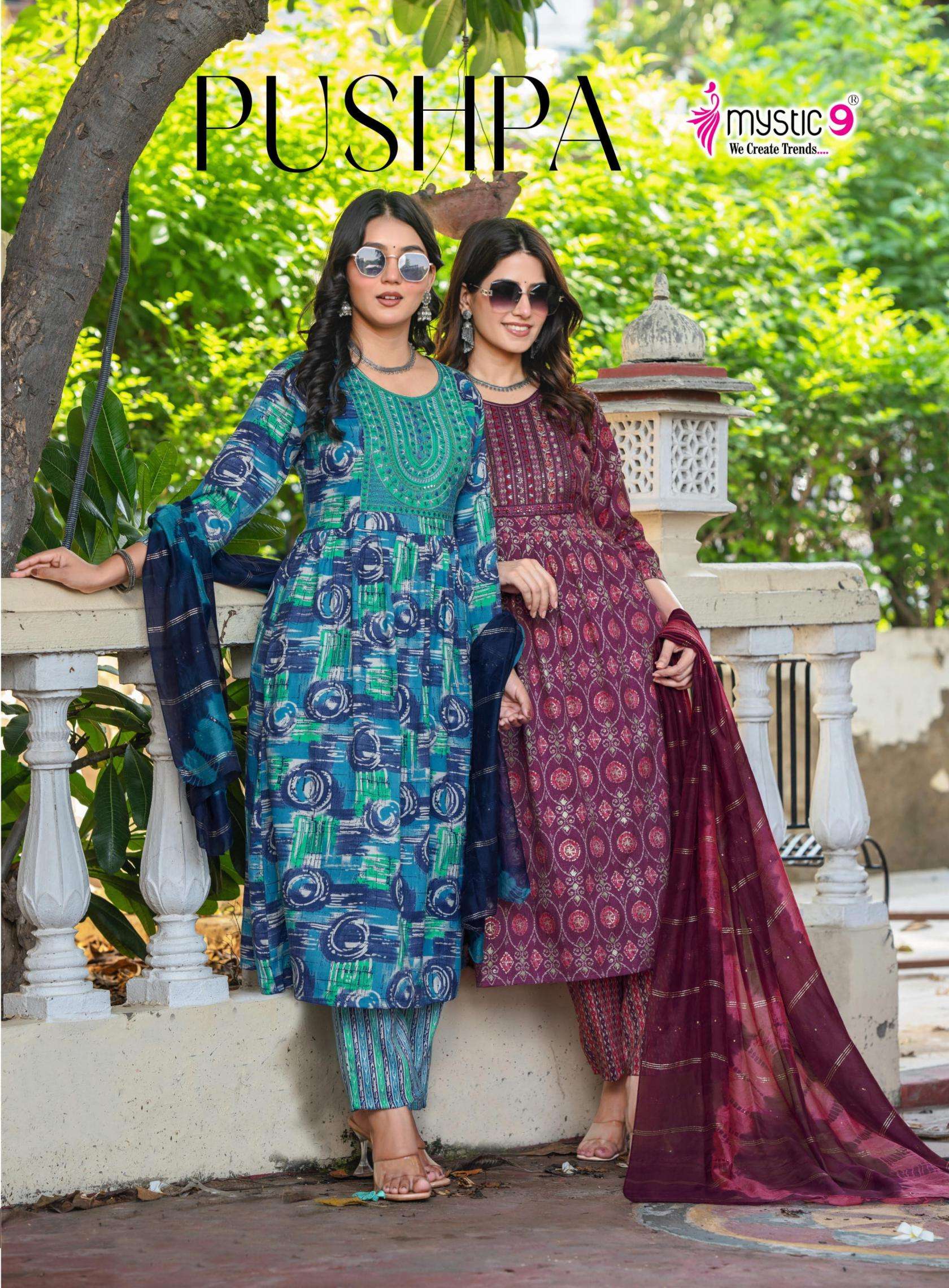 mystic9 pushpa vol 11 series 11001 to 11008 rayon capsule readymade suit in wholesale surat