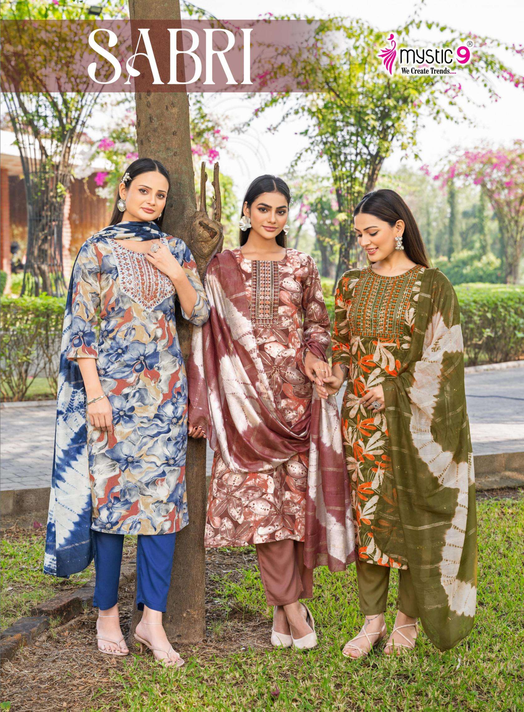 mystic9 sabri vol 12 series 12001 to 12008 rayon foil print fully stitch suit in wholesale surat