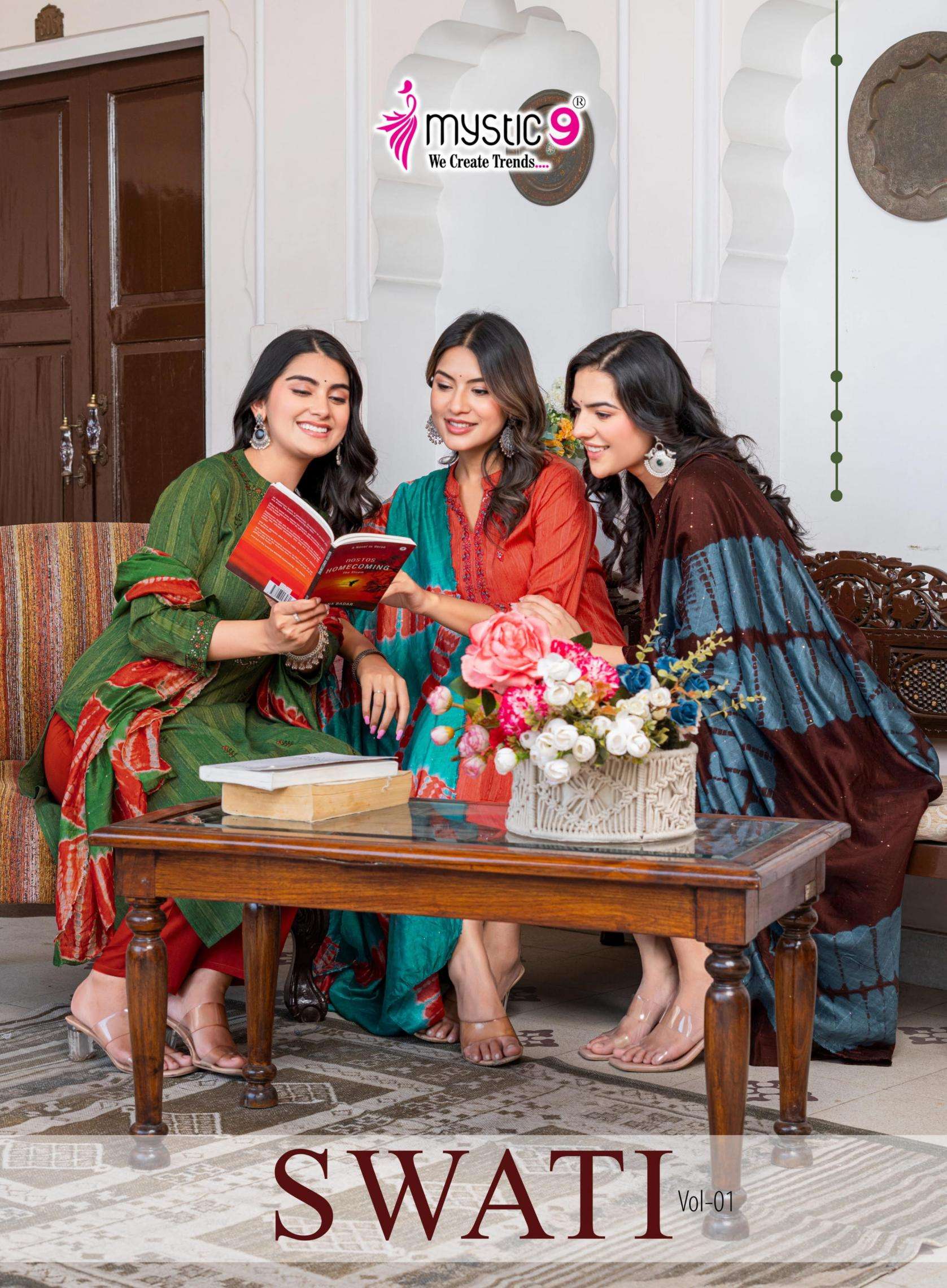 mystic9 swati vol 1 series 1001 to 1008 rayon readymade gorgeous look suit in wholesale surat