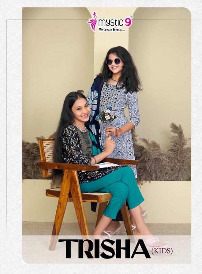 mystic9 trisha vol 1 series 1001 to 1008 readymade rayon gorgeous look kids combo suit in wholesale surat