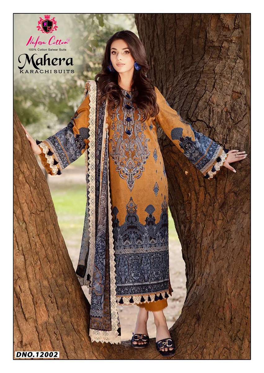 nafisa Cotton Mahera karachi Suits Vol- 12 series 12001 to 12006 Soft Cotton Digital Style Pakistani Karachi Print Readymade Karachi Kurti Pant With Dupatta in wholesale surat