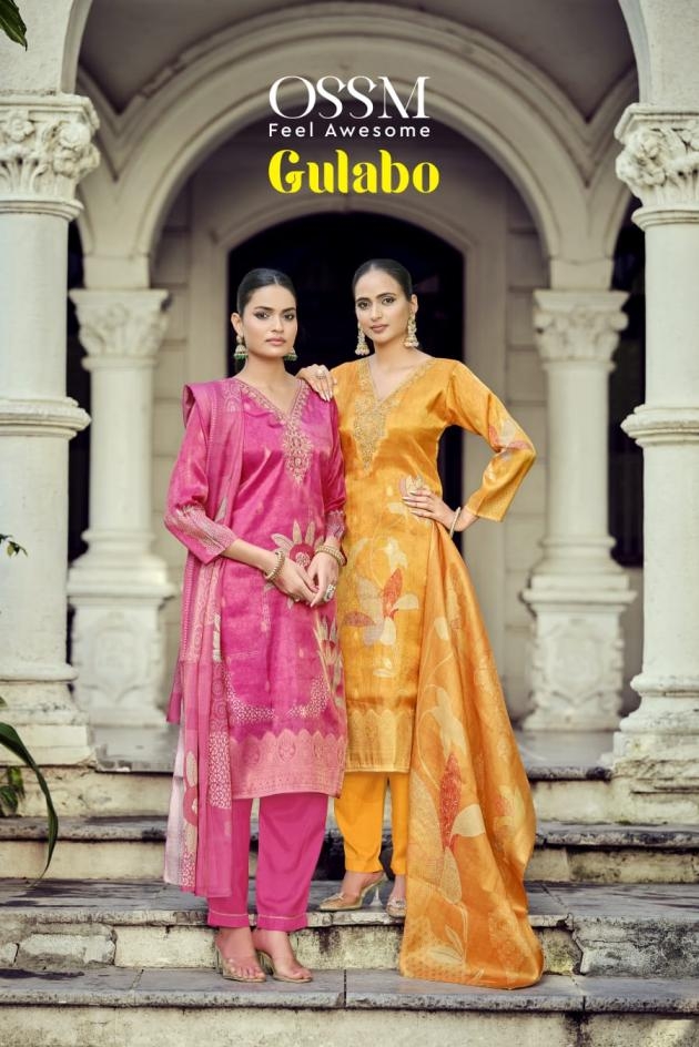 ossm gulabo series 1001 to 1006 jacqurd simmer silk fully stitch amazing suit in wholesale surat