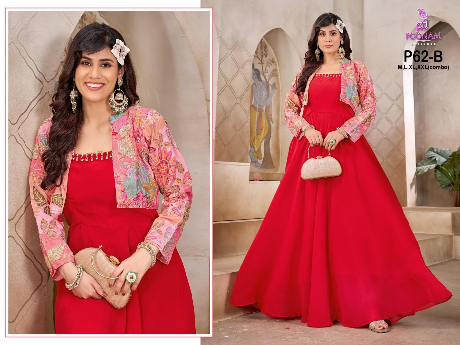 poonam designer p62 natural creap combo set readymade gown with koti in wholesale surat