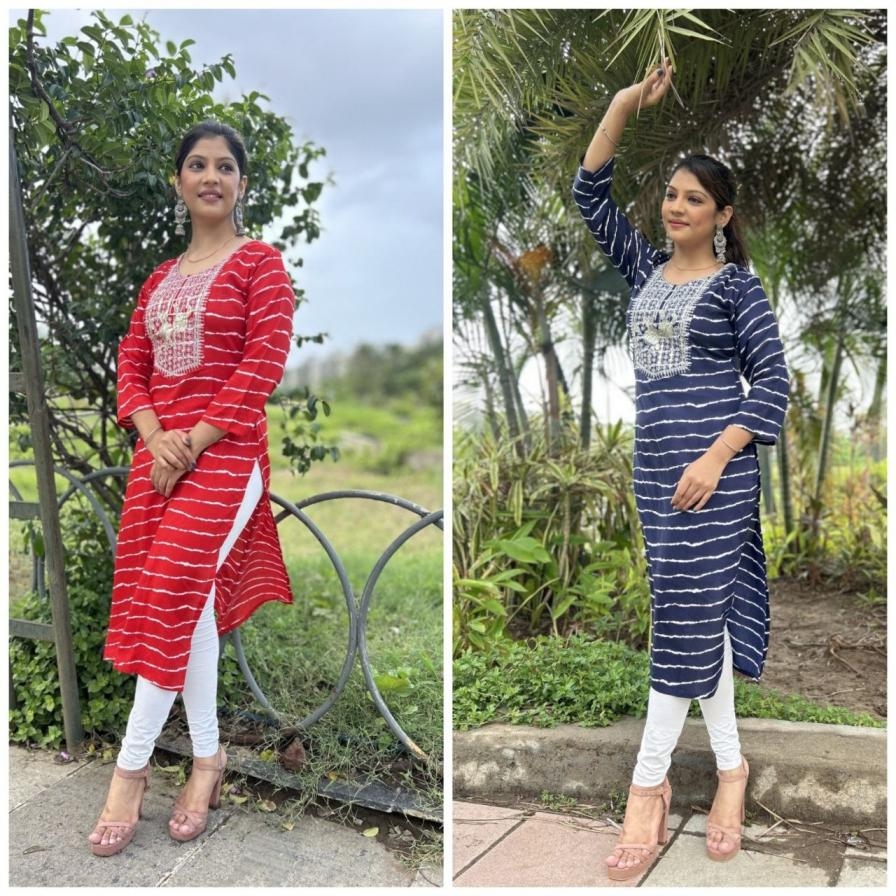 PR 9STAR FASHION LEHERIYA RAYON WITH EMBRODERY WORK FANCY DESIGNER KURTI IN WHOLESALE SURAT