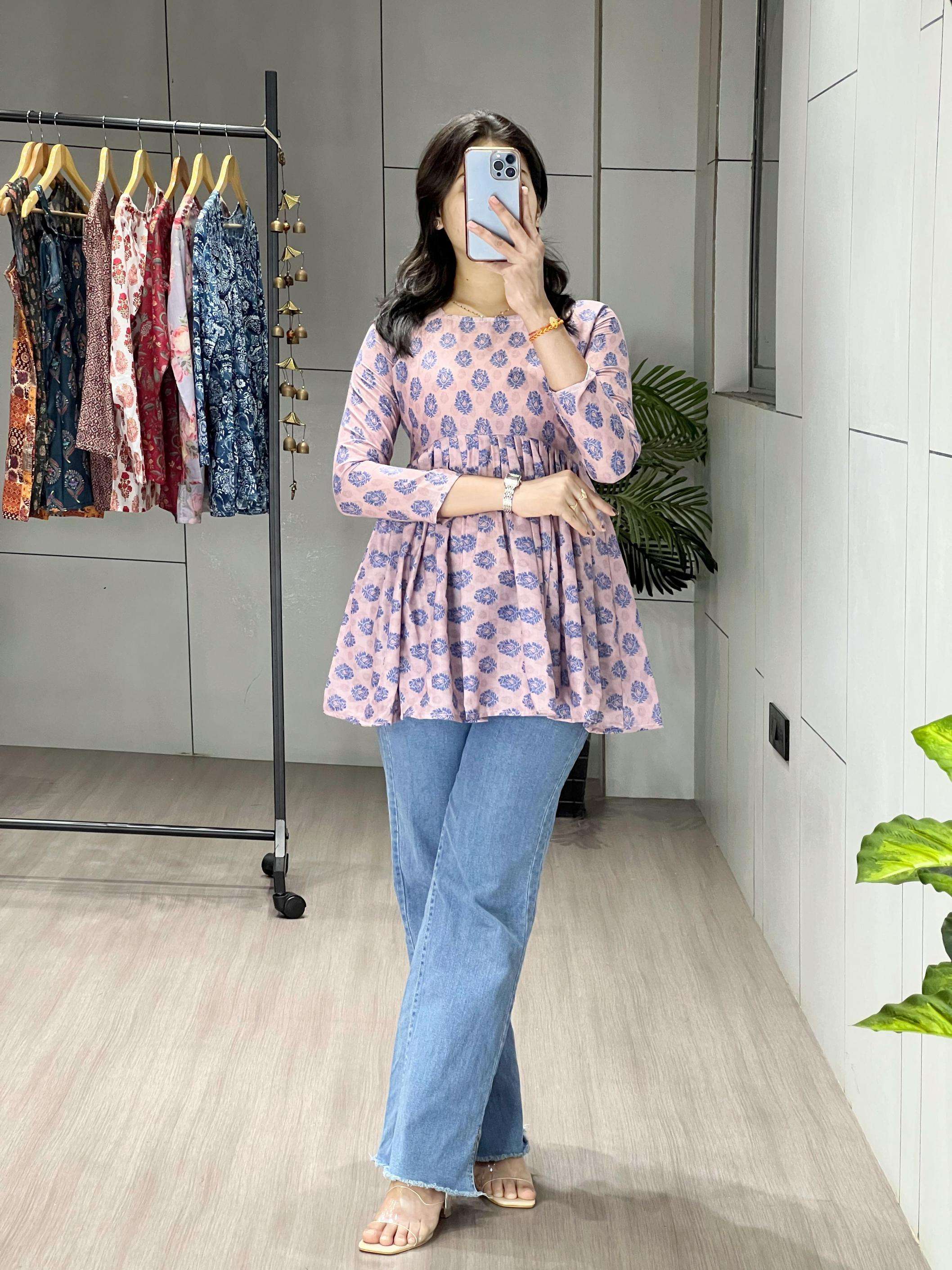 pr grtn5003 readymade stylish cambric cotton floral printed short kurti in wholesale surat