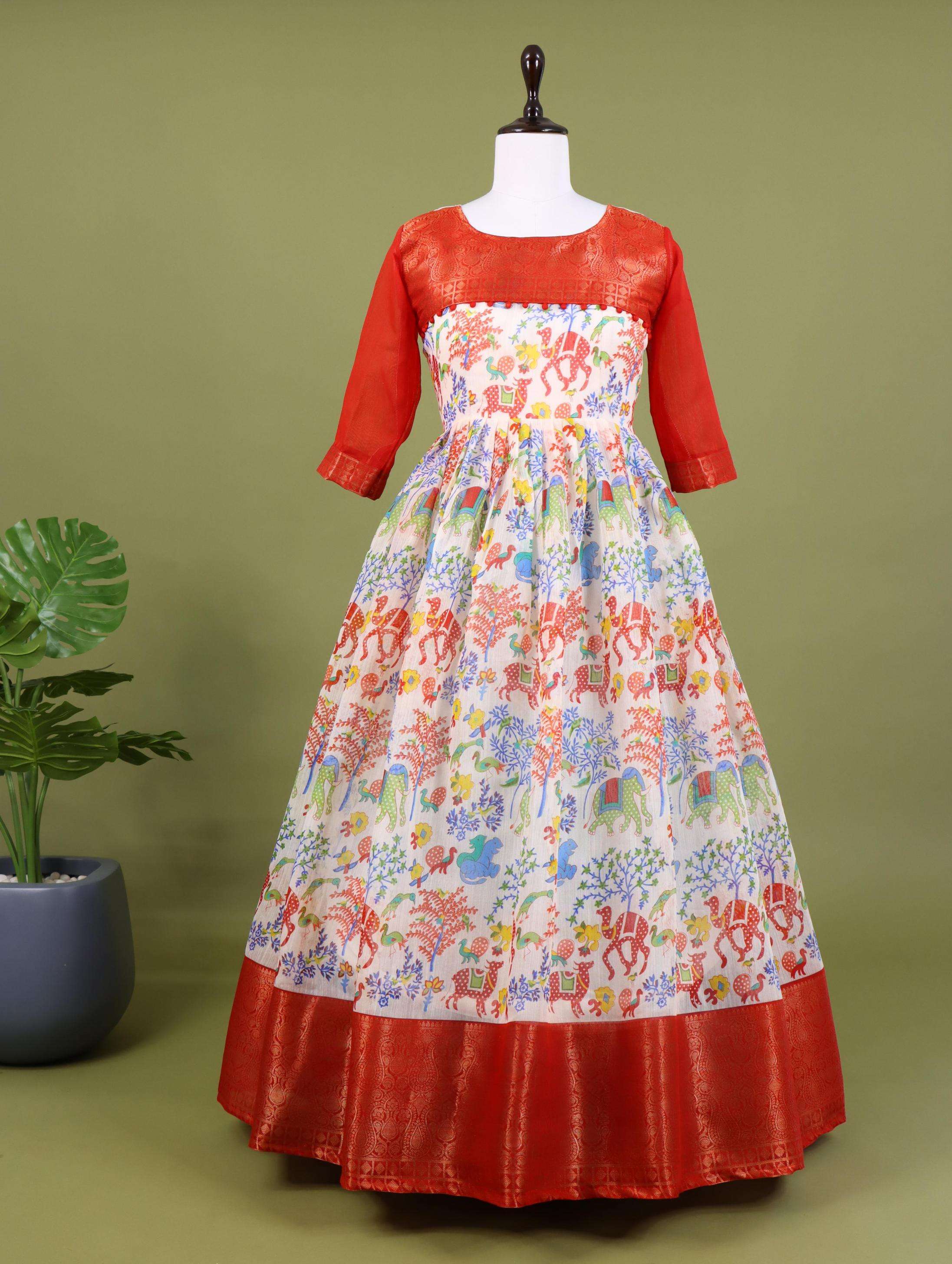 pr grtn6006 linen cotton silk with kalamkari printed gown in wholesale surat