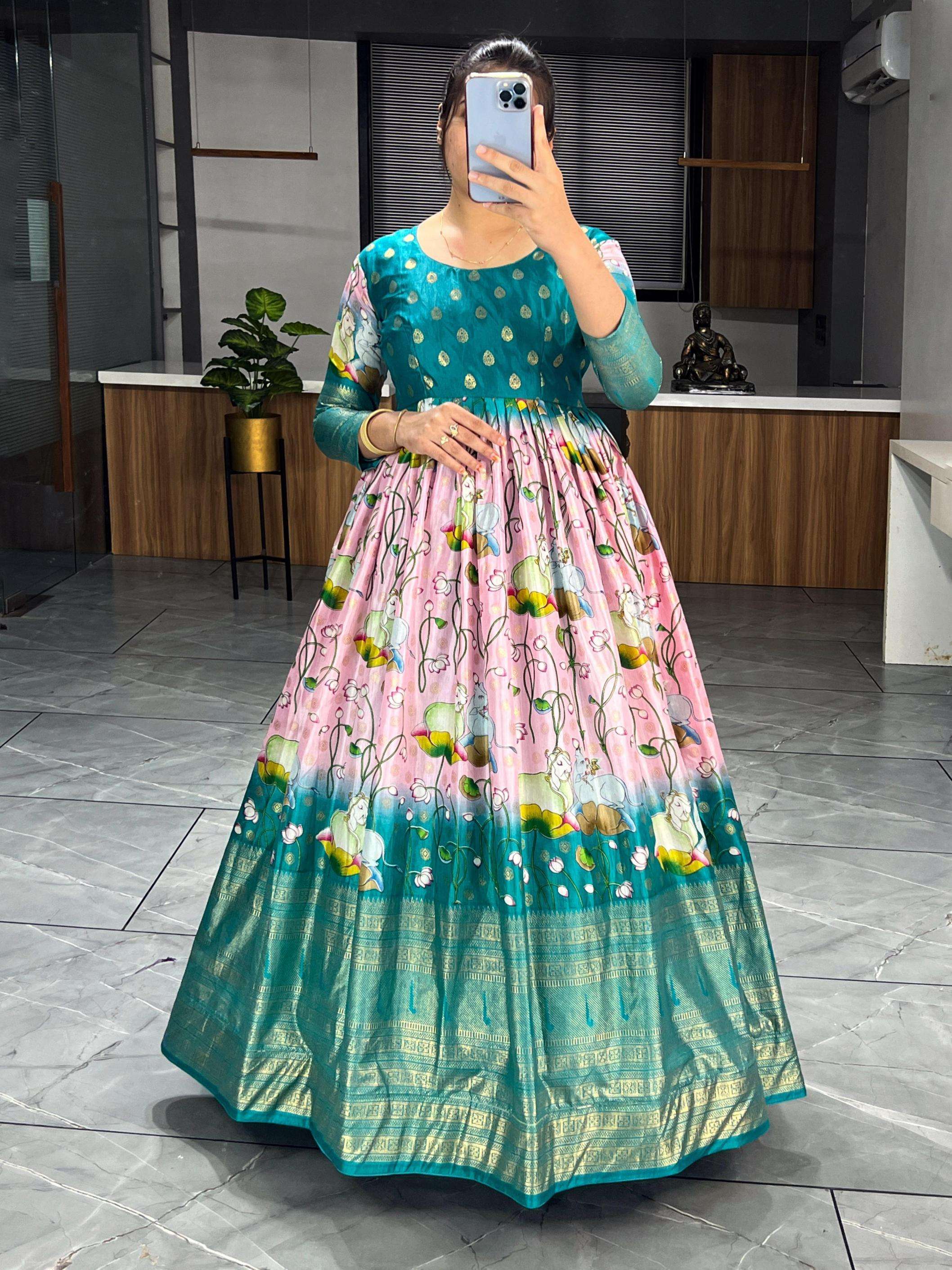 pr grtn6033 kalamkari dola silk full stitch unique gowns in wholesale surat