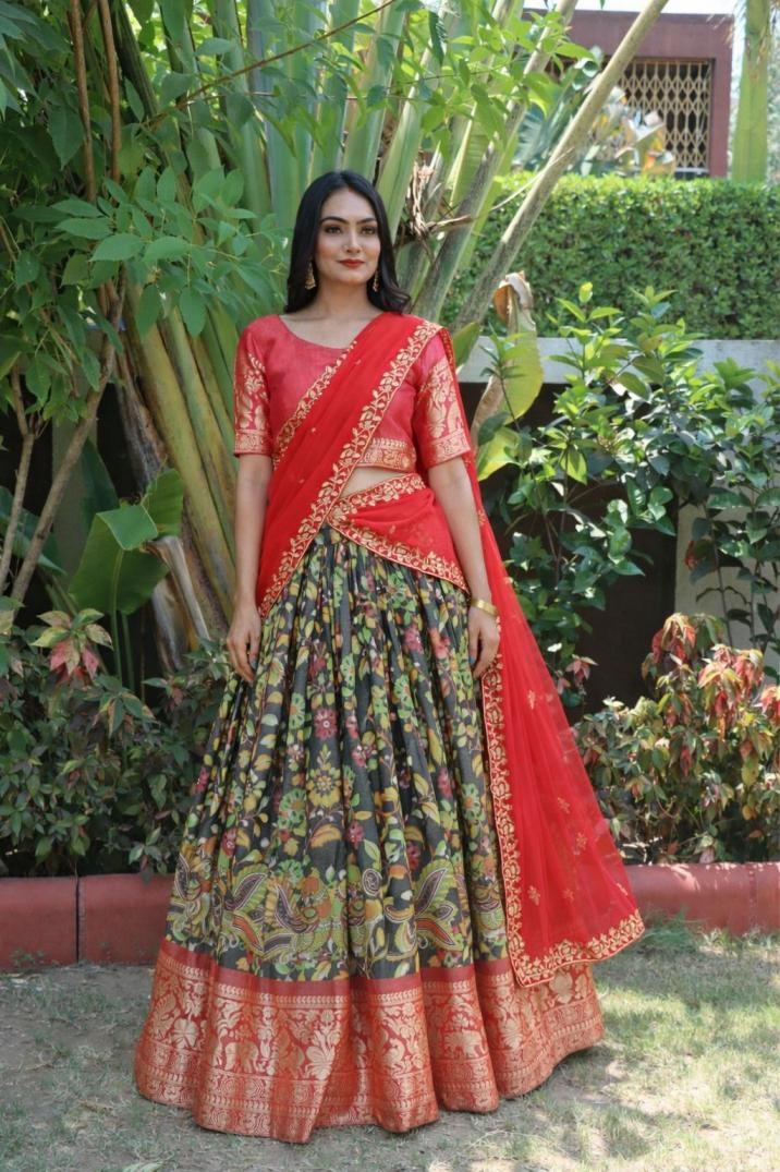 pr grtn7071 traditional mysore silk kalamkari stitch lehenga unstitch blouse in wholesale surat