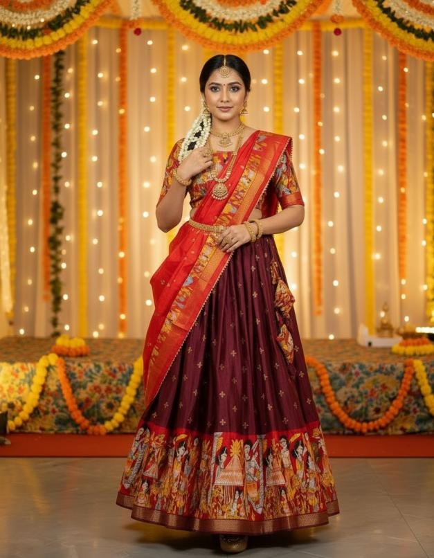 pr grtn7108 soft dola silk kathak kalamkari stitch lehenga unstitch blouse in wholesale surat