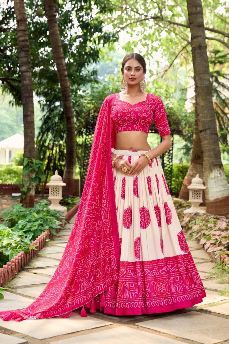 pr lnb1229 tassar silk bandhej print stitch lehenga unstitch blouse with dupatta in wholesale surat