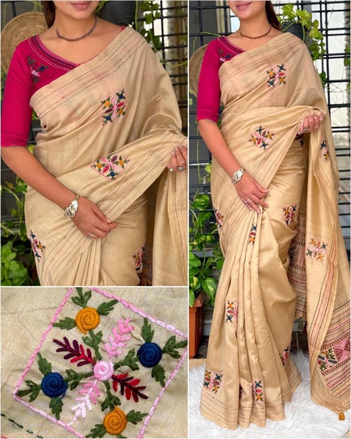 pr vandana tusser cotton kashmiri stunning saree in wholesale surat