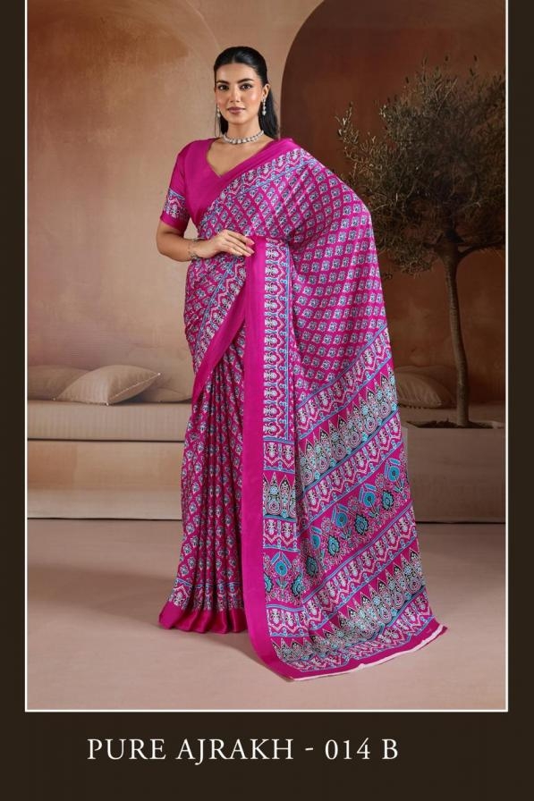 rajtex pure ajrakh 014 series 014 A TO 014 F hit design modal satin sarees in wholesale surat