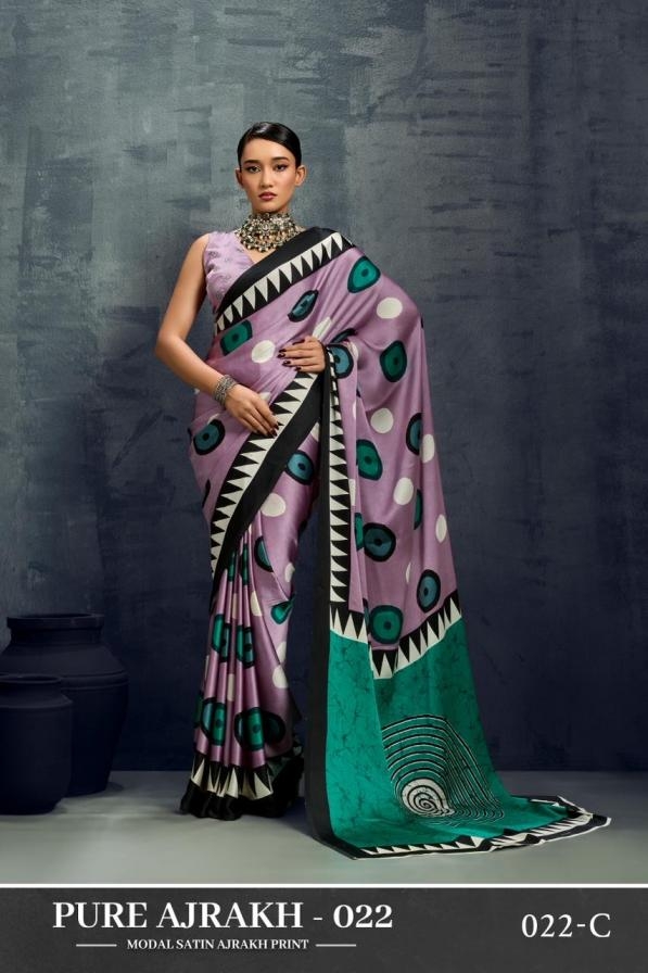rajtex pure ajrakh 022 series 022 A TO 022 F amazing modal satin saree in wholesale surat