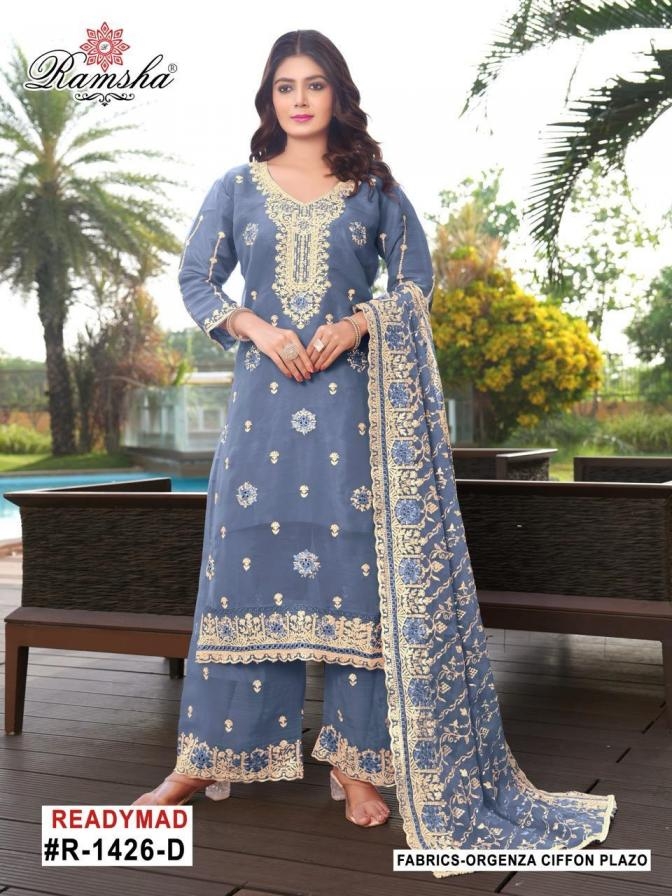 ramsha r 1426 A to D nx readymade classic organza chiffon pakistani plazzo suits in wholesale surat