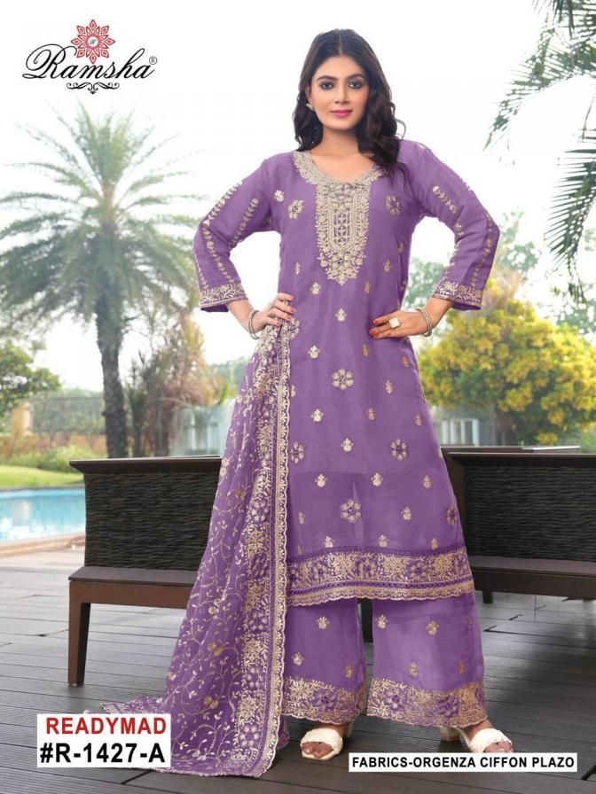 ramsha r 1427 A to D nx organza chiffon readymade pakistani plazzo suit in wholesale surat