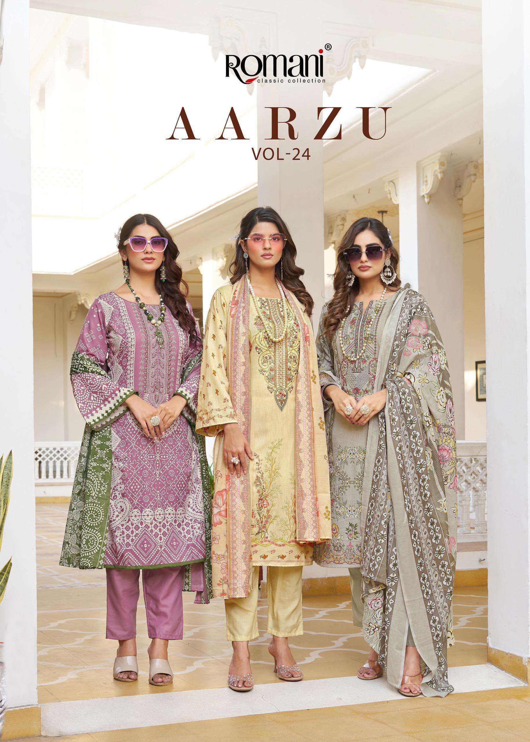 Romani Aarzu Vol-21 series 1122001 to 1122008 Premium Soft Cotton Digital Style Print With Heavy Embroidery salwar kameez in wholesale surat