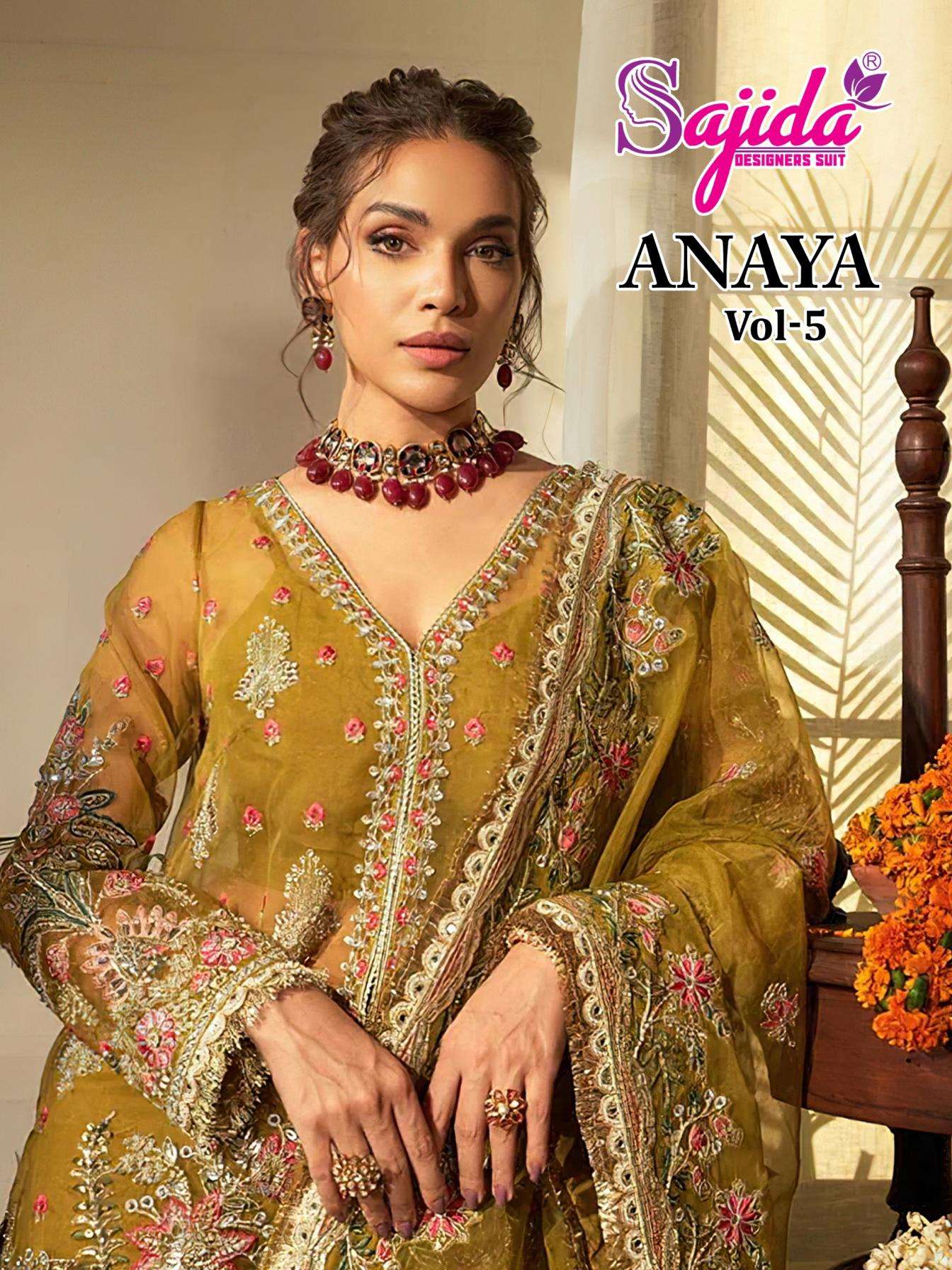 sajida designer anaya vol 5 series 1122 to 1124 full stitch plus size georgette pakistani suit in wholesale surat