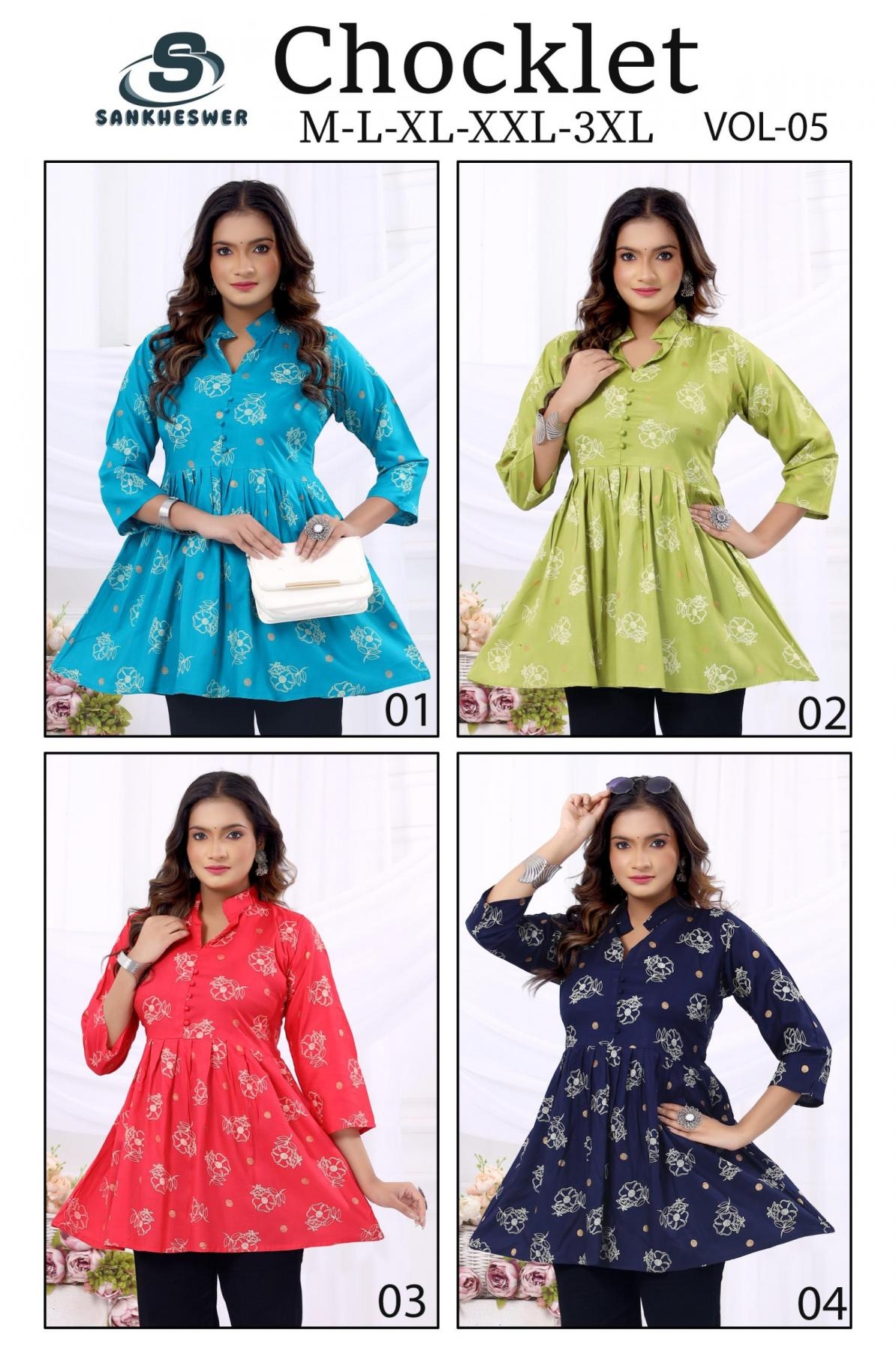 sankheswer chocklet vol 5 series 01 to 16 rayon fully stitch unique combo short kurti in wholesale surat