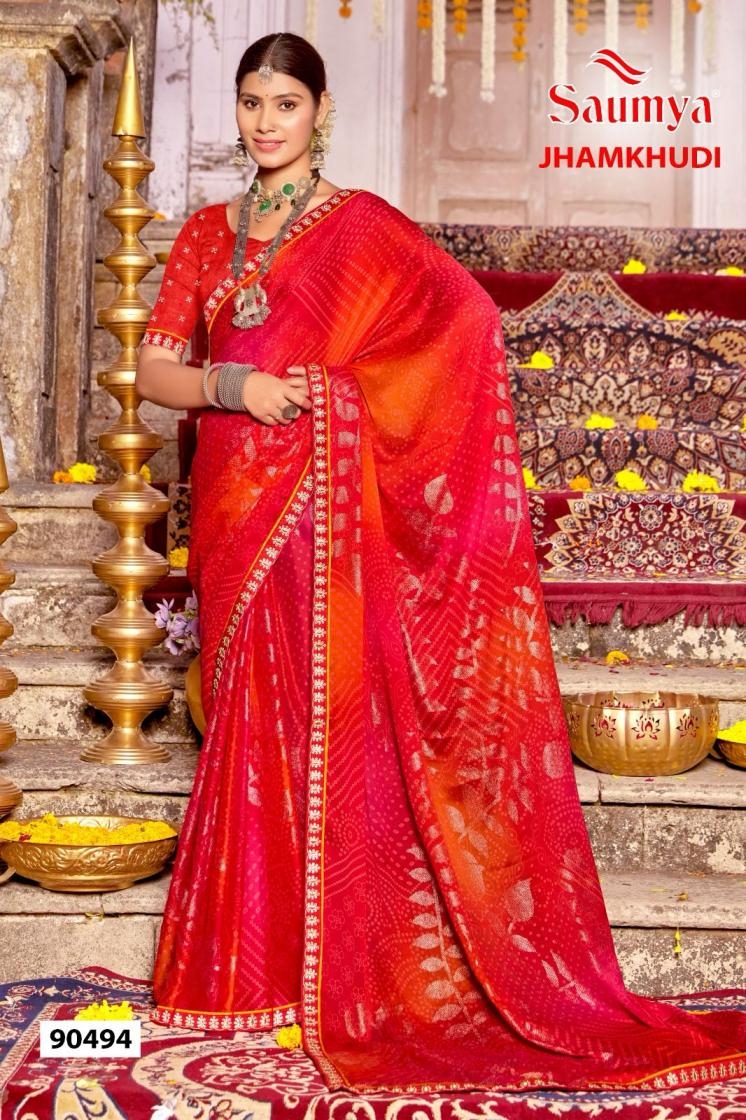 saumya jhamkhudi series 90489 to 90494 dull moss bandhani print hit design sarees in wholesale surat