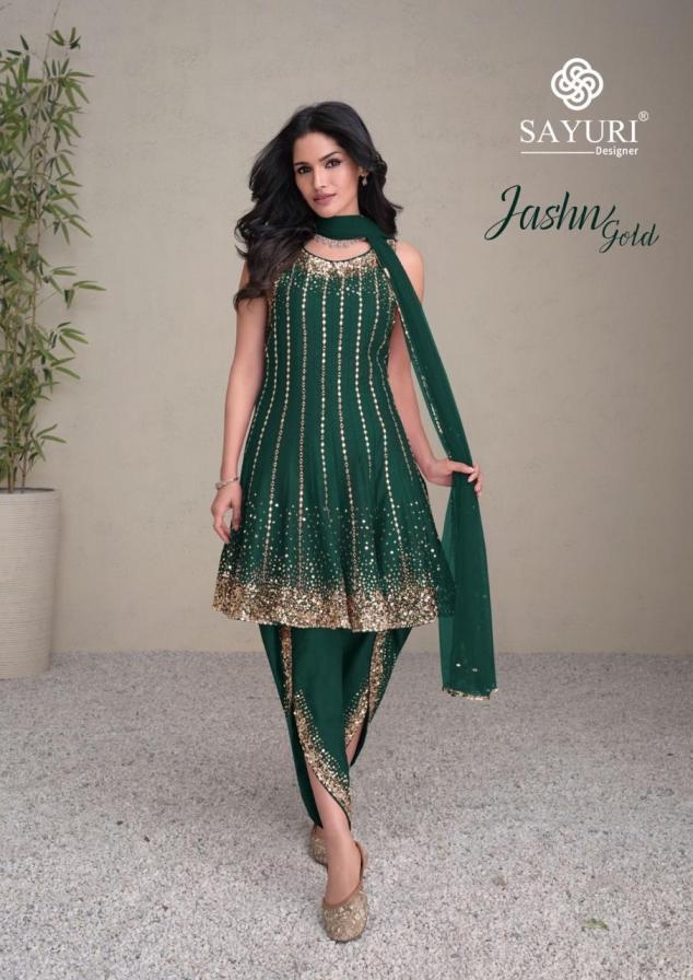 sayuri designer Jashn series 5459 A to D Gold silk dhoti style readymade suit in wholesale surat