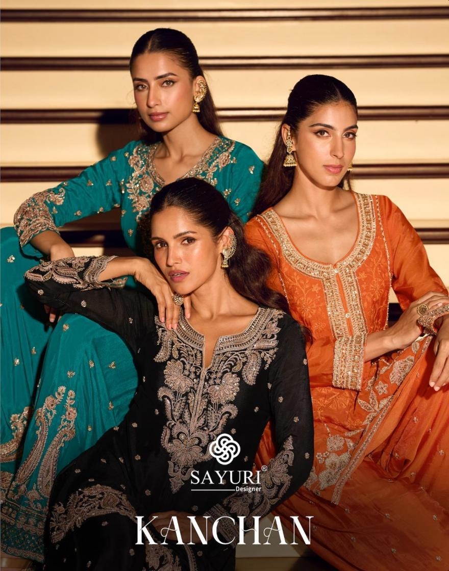 sayuri designer kanchan series 10200 to 10202 chinon silk redymade party wear sharara suits in wholesale surat