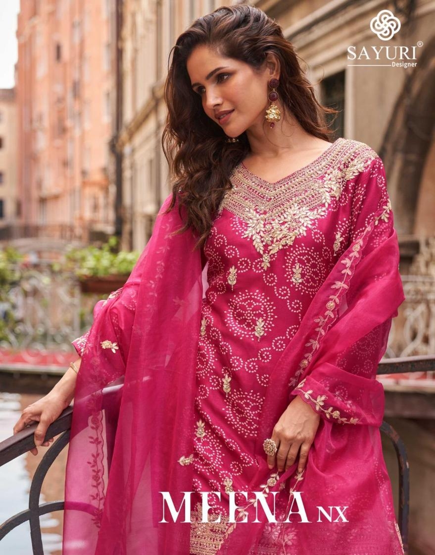 sayuri designer meena nx series 5855 to 5856 chinon silk exclusive readymade plazzo suit in wholesale surat
