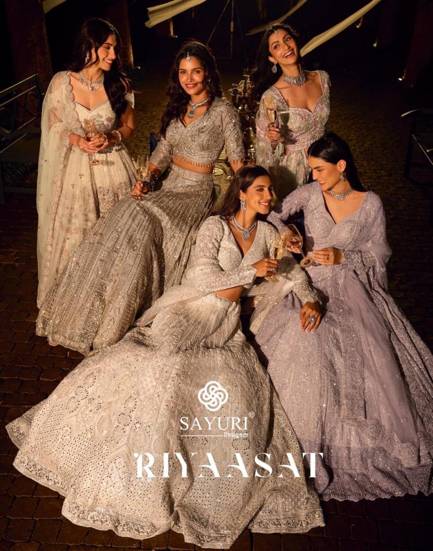 sayuri designer riyaasat series 10241 to 10246 readymade exclusive net embroidered lehengas in wholesale surat