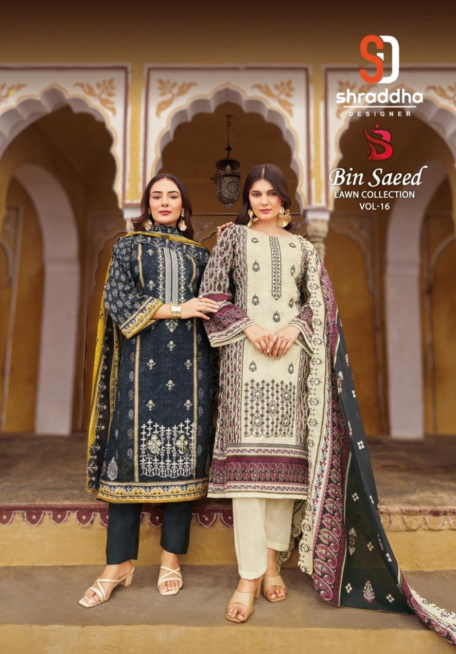 shraddha designer bin saeed vol 16 series 1601 to 1608 cotton pakistani suit in wholesale surat