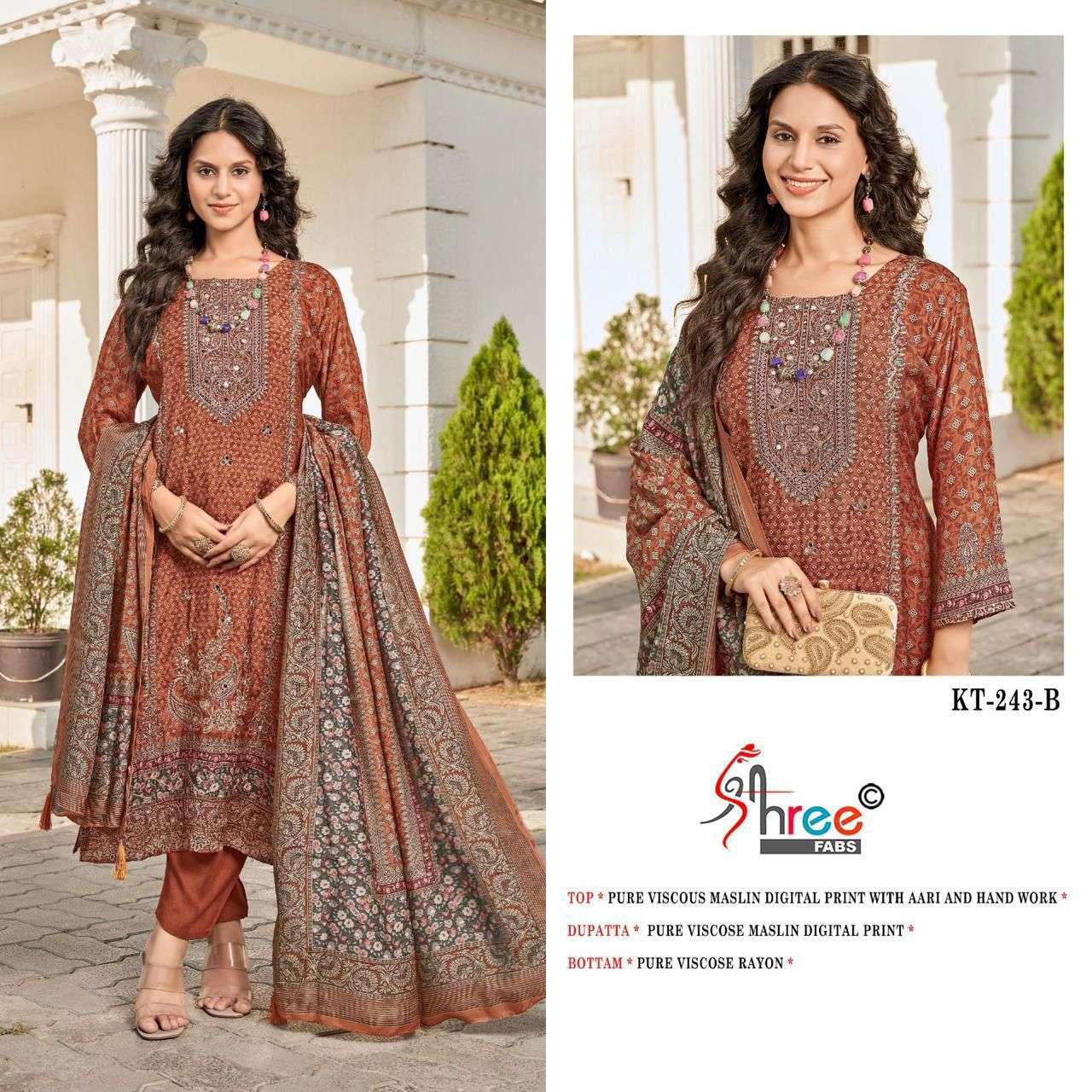 Shree Fabs Kt- 243 A to C  Pure Viscous Maslin Digital Print With Aari And Hand Work Pakistani salwar kameez in wholesale surat