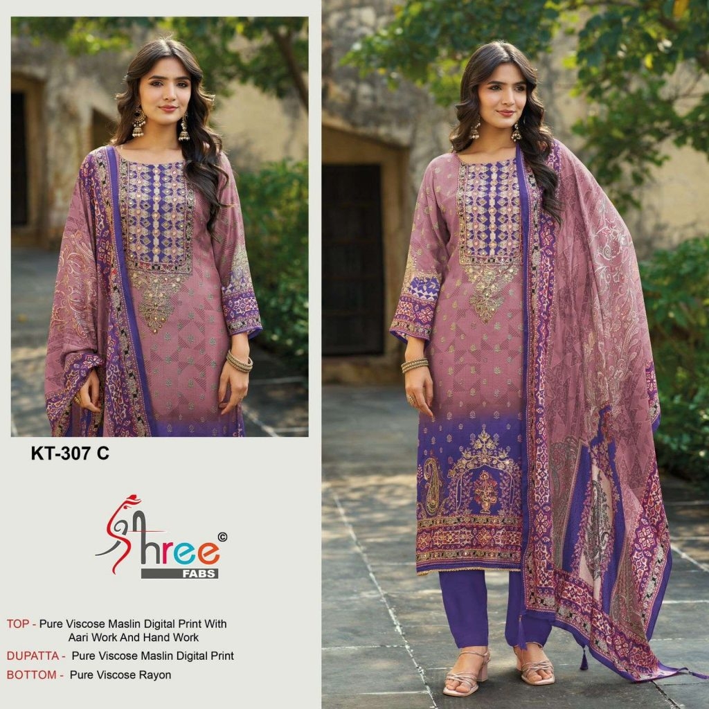 shree Fabs Kt- 307 A to D Pure Viscous Maslin Digital Print And Aari Work Pakistani salwar kameez in wholesale surat